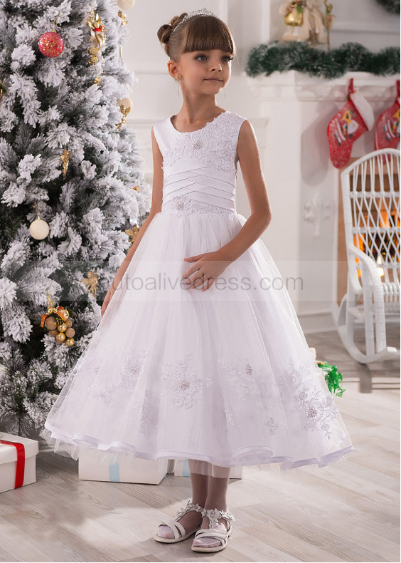 White Beaded Lace Tulle Tea Length Angelic Flower Girl Dress White Beaded Lace Tulle Tea Length Angelic Flower Girl Dress